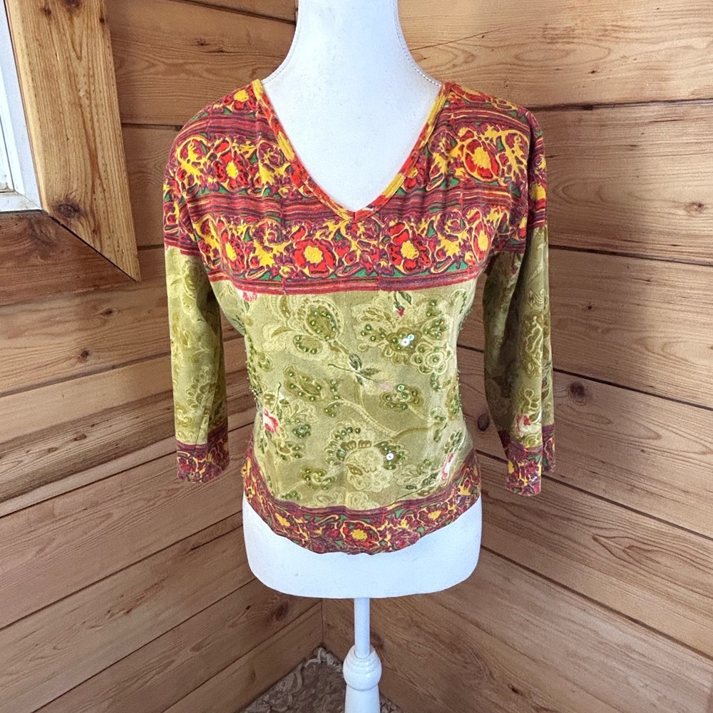Vintage Beaded Boho Top XL 100% Cotton India Festival Paisley V-Neck Long Sleeve